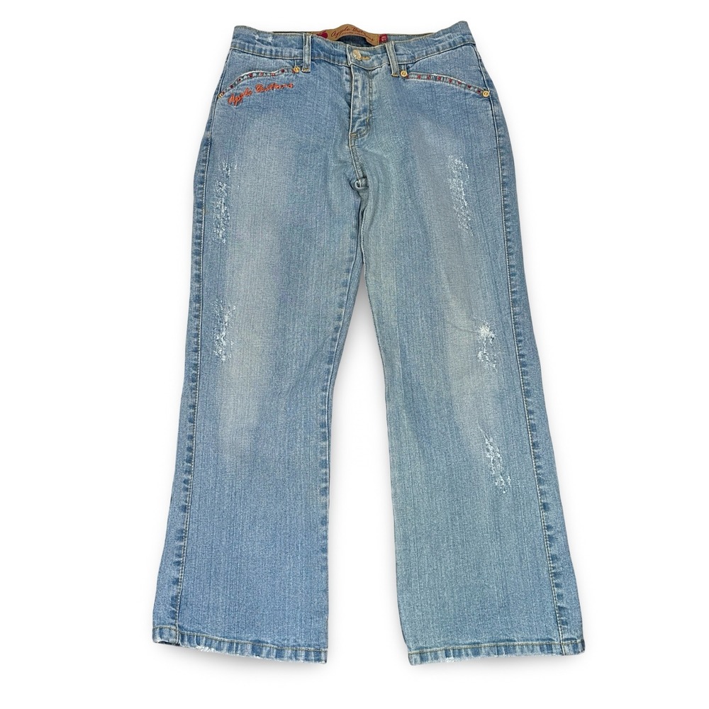 Apple Bottoms Women Light Wash Distressed Rhinestone Bootcut Jeans Blue 7/8